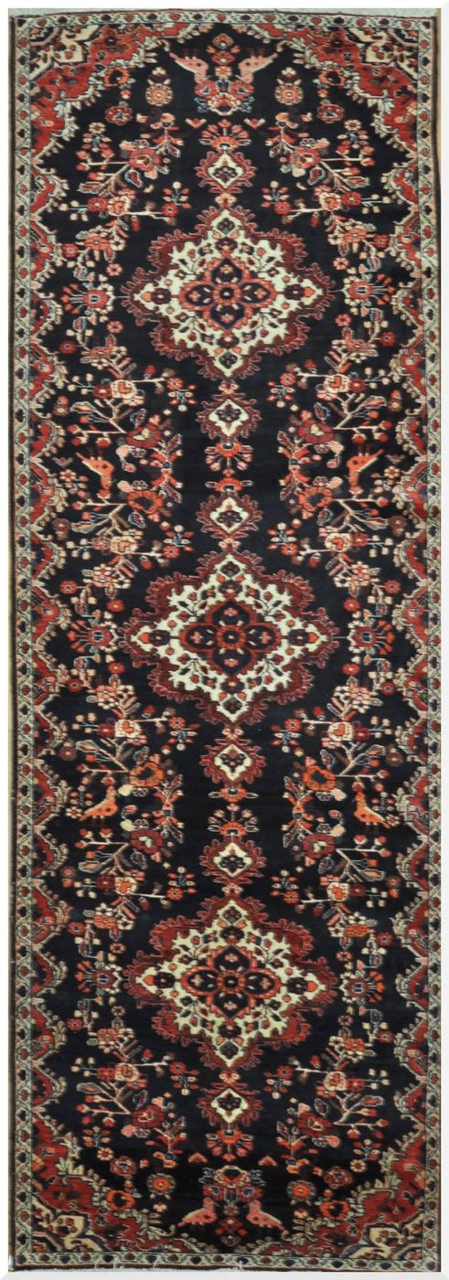 4′ x 12′ Vintage Persian Bakhtiari Navy Floral Runner Rug – Traditional Wool