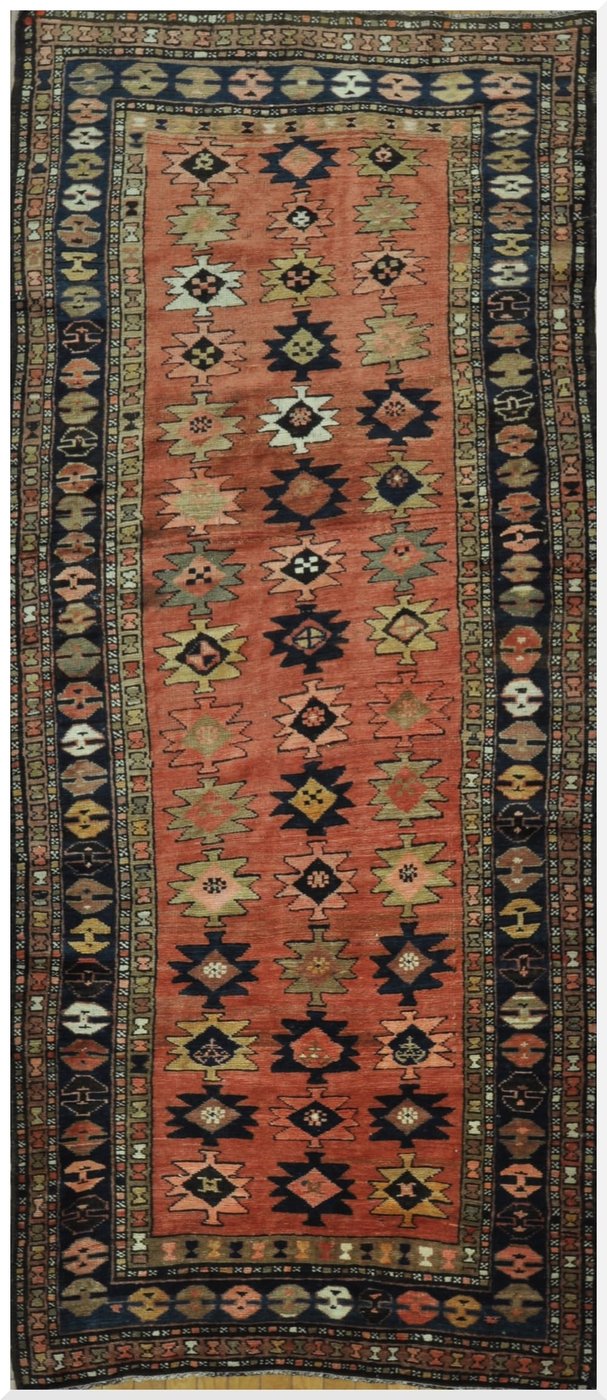 4′ x 8′ Tribal Handmade Rug – Traditional Geometric Caucasian Kazak, Rust & Navy