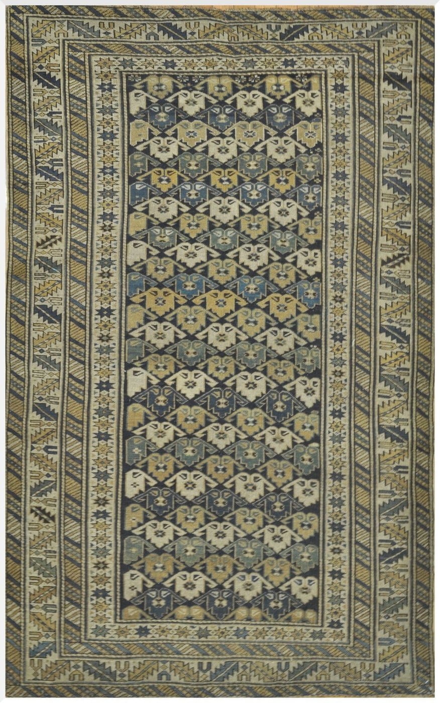 4′ x 6′ Antique Caucasian Shirvan Blue Ivory Geometric Rug Traditional Wool