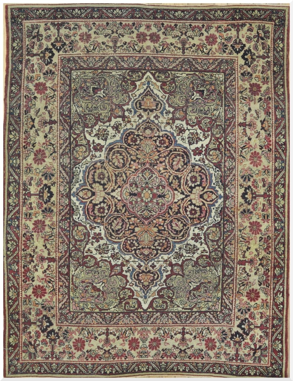 4′ x 6′ Antique Persian Ivory Lavar Kerman Rug – Traditional Hand-Knotted Wool