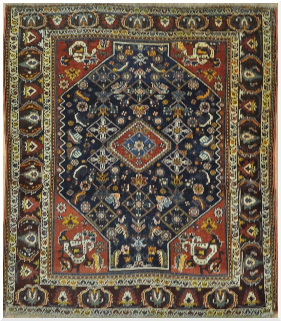 5′ x 5′ Antique Persian Qashqai Rug Blue Hand Knotted Wool
