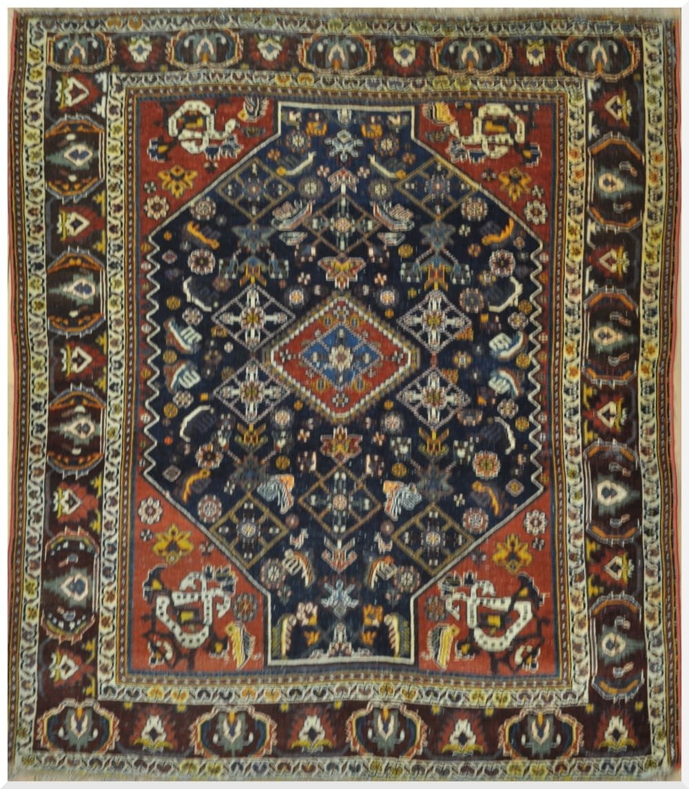 5′ x 5′ Antique Persian Qashqai Rug Blue Hand Knotted Wool