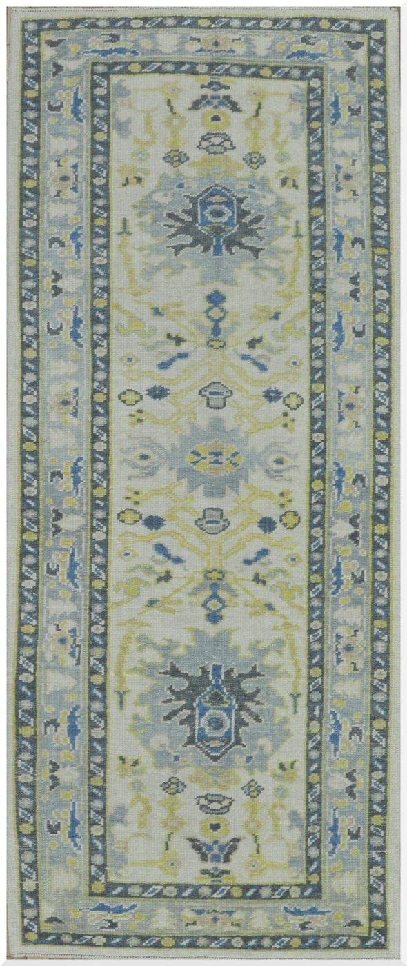 3′ x 8′ Light Blue Fine Hand-Knotted Turkish Oushak Runner Rug – Transitional Wool