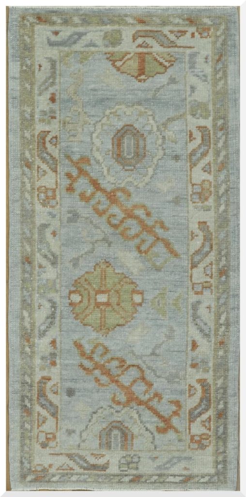 2′ x 5′ Blue Fine Hand-Knotted Turkish Oushak Rug – Traditional Wool