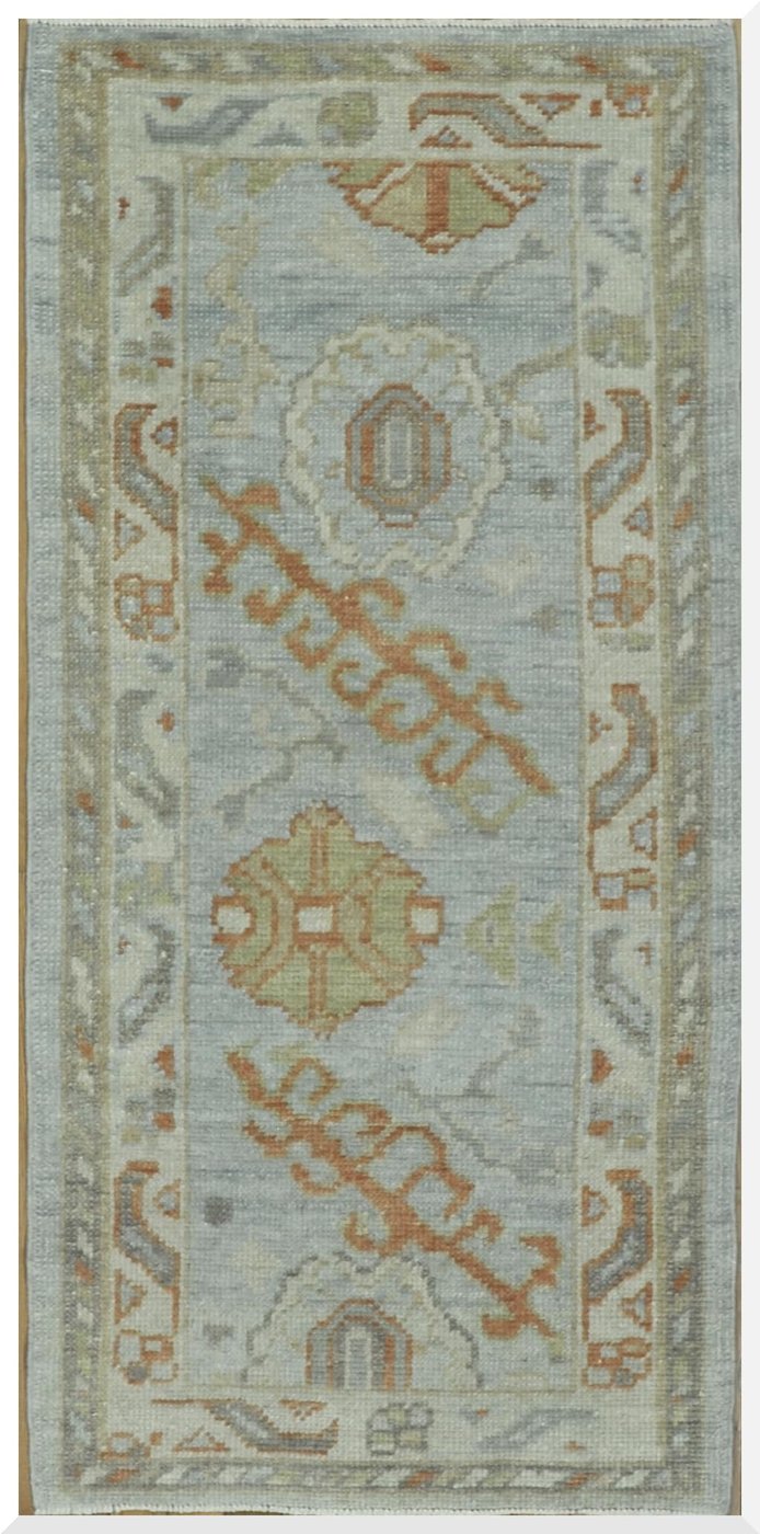 2′ x 5′ Blue Fine Hand-Knotted Turkish Oushak Rug – Traditional Wool