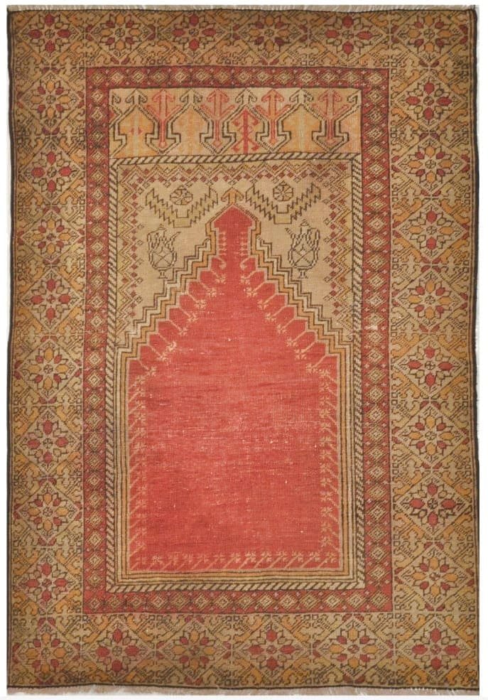 4′ x 5′ Turkish Red Prayer Design Rug – Vintage Handmade Wool 4′ x 5′ Turkish Red Prayer Design Rug – Vintage Handmade Wool