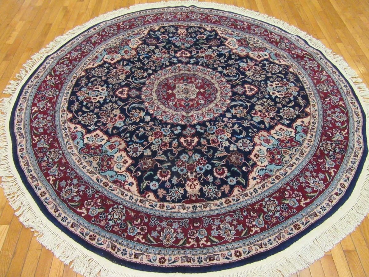 7′ x 7′ Navy Fine Round Hand-Knotted Chinese Oriental Rug – Traditional Wool