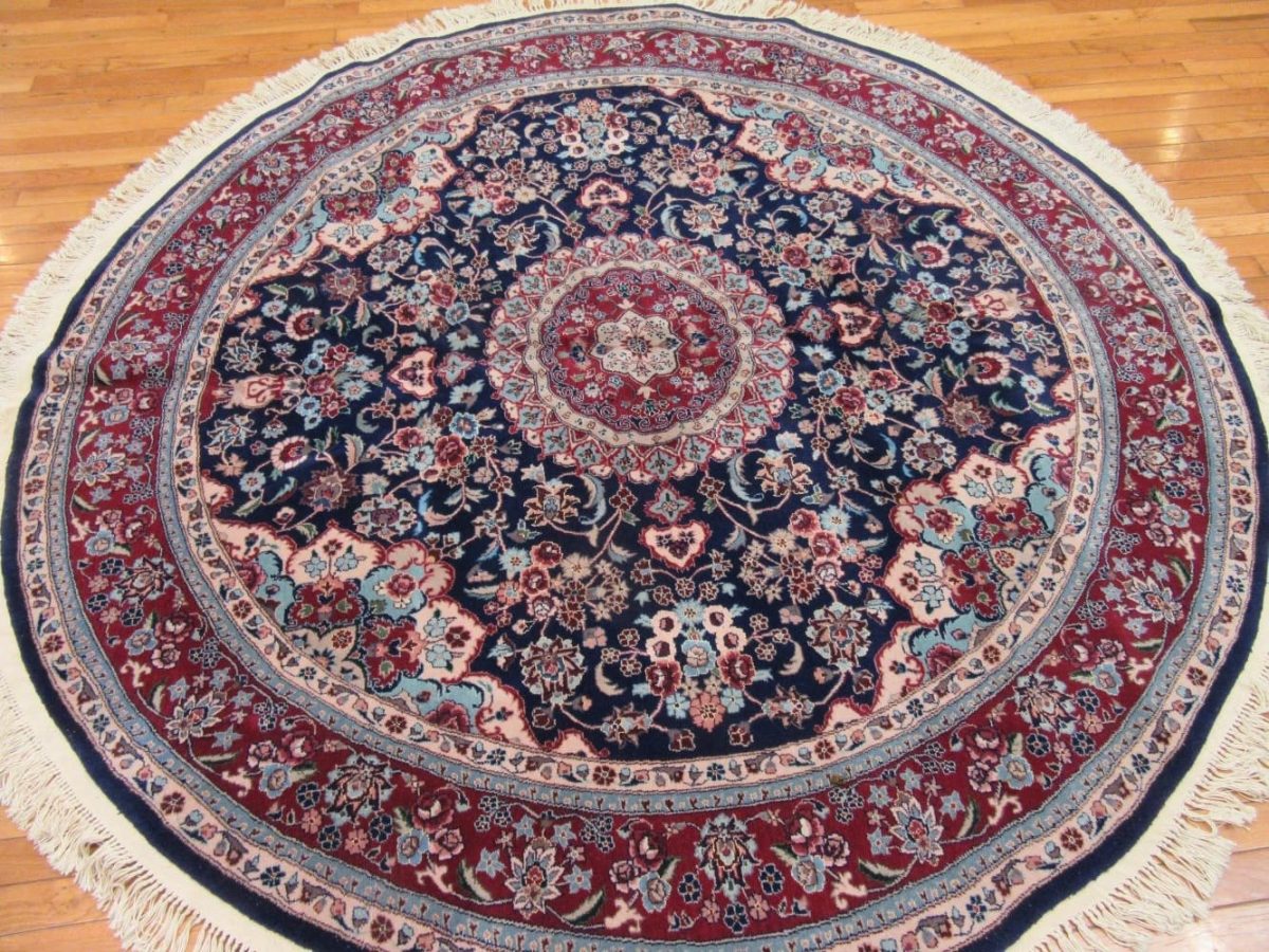7′ x 7′ Navy Fine Round Hand-Knotted Chinese Oriental Rug – Traditional Wool