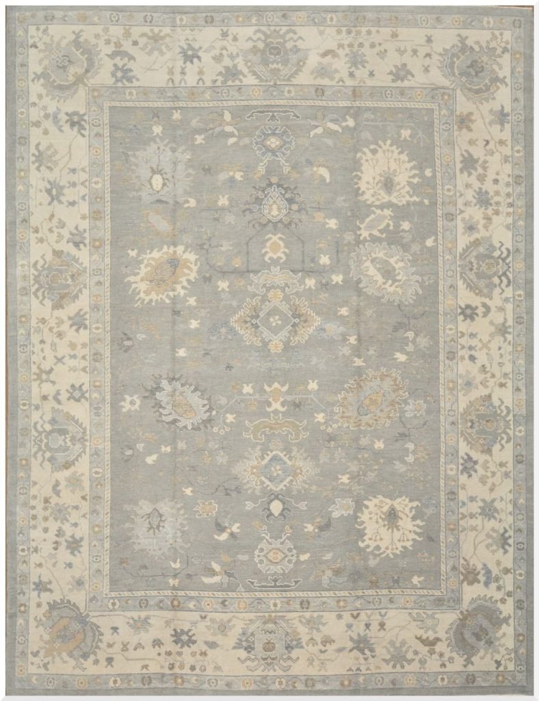 11′ x 15′ Soft Silver-Sage and Cream Hand-Knotted Fine Turkish Oushak Style Carpet – Premium Wool & Silk Blend