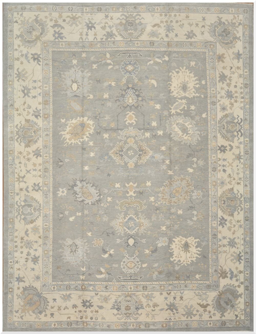 11′ x 15′ Soft Silver-Sage and Cream Hand-Knotted Fine Turkish Oushak Style Carpet – Premium Wool & Silk Blend