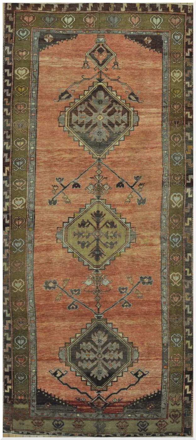 5′ x 12′ Turkish Rust Gold Medallion Runner – Vintage Hand-Knotted Wool