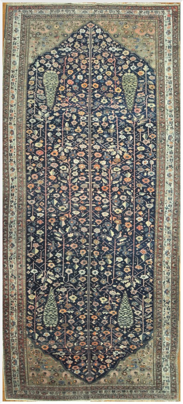 8′ x 18′ Antique Persian Karajeh Tree of Life Rug – Traditional Floral Design, Deep Navy & Ivory