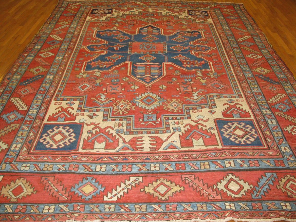 9′ x 12′ Terracotta and Indigo Hand-Knotted Antique Persian Serapi Rug – Investment Grade Wool