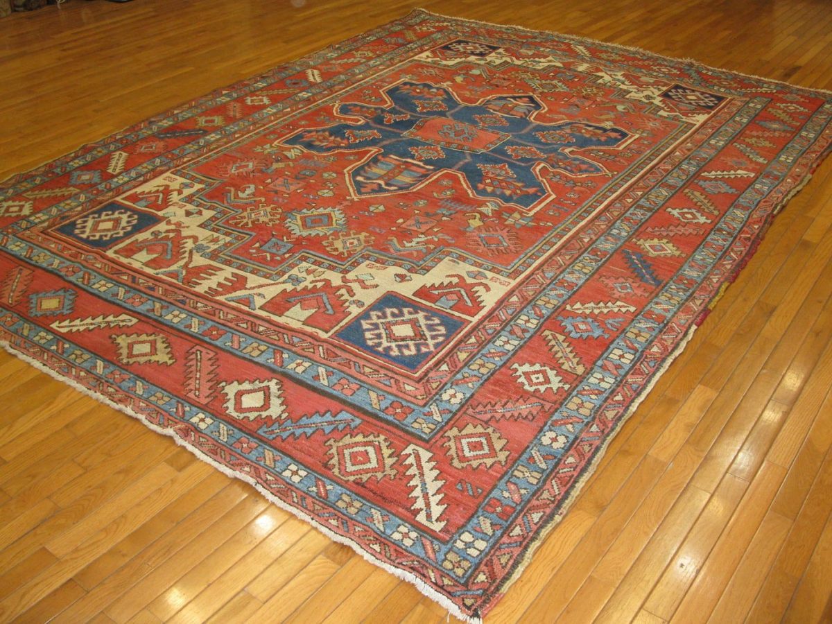 9′ x 12′ Terracotta and Indigo Hand-Knotted Antique Persian Serapi Rug – Investment Grade Wool