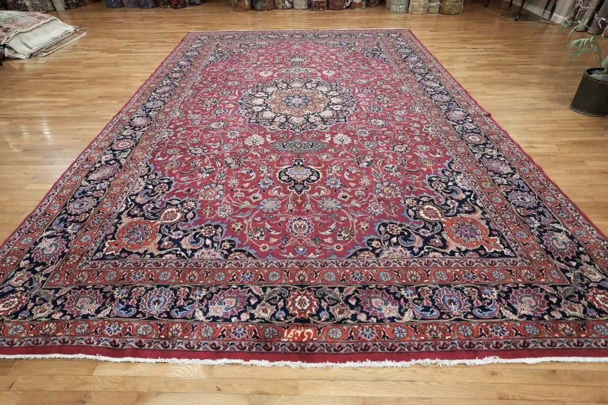 12′ x 17′ Red Fine Hand-Knotted Vintage Persian Mashad – Traditional Wool
