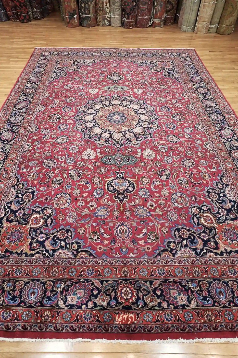 12′ x 17′ Red Fine Hand-Knotted Vintage Persian Mashad – Traditional Wool