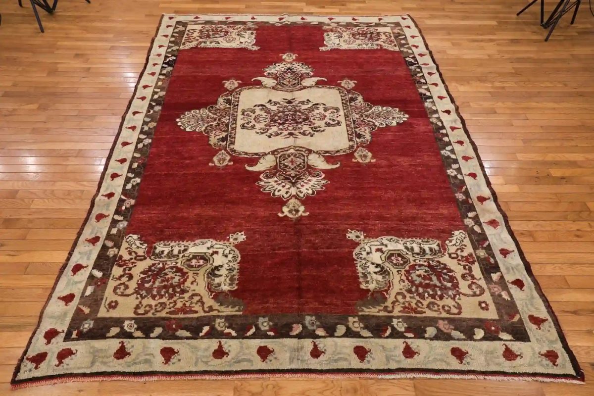 7′ x 9′ Red Fine Hand-Knotted Turkish Oushak Rug – Traditional Wool