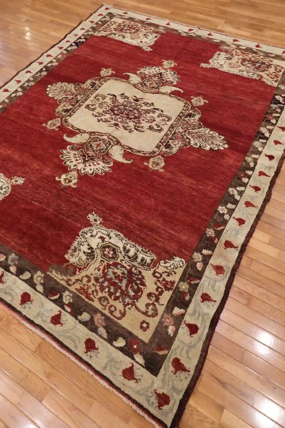 7′ x 9′ Red Fine Hand-Knotted Turkish Oushak Rug – Traditional Wool