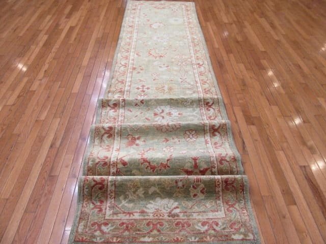 3′ x 18′ Pale Green Fine Hand-Knotted Turkish Oushak Runner – Transitional Wool