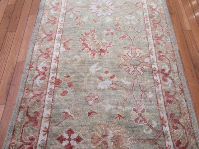 3′ x 18′ Pale Green Fine Hand-Knotted Turkish Oushak Runner – Transitional Wool