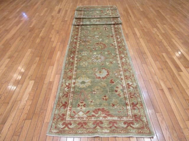3′ x 18′ Pale Green Fine Hand-Knotted Turkish Oushak Runner – Transitional Wool