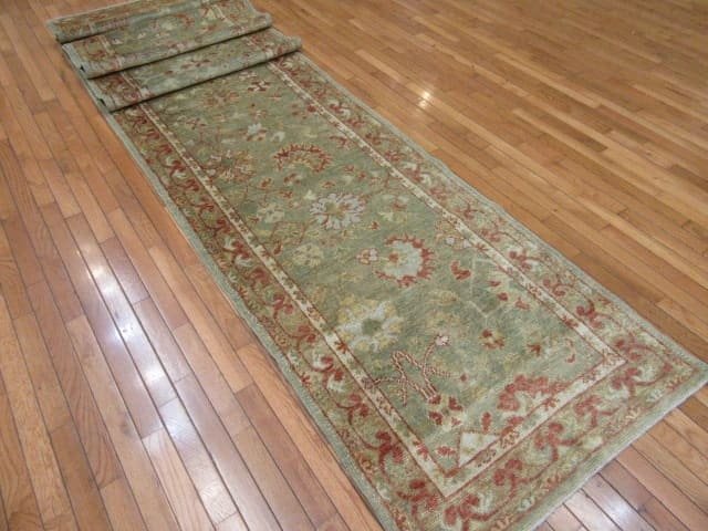 3′ x 18′ Pale Green Fine Hand-Knotted Turkish Oushak Runner – Transitional Wool