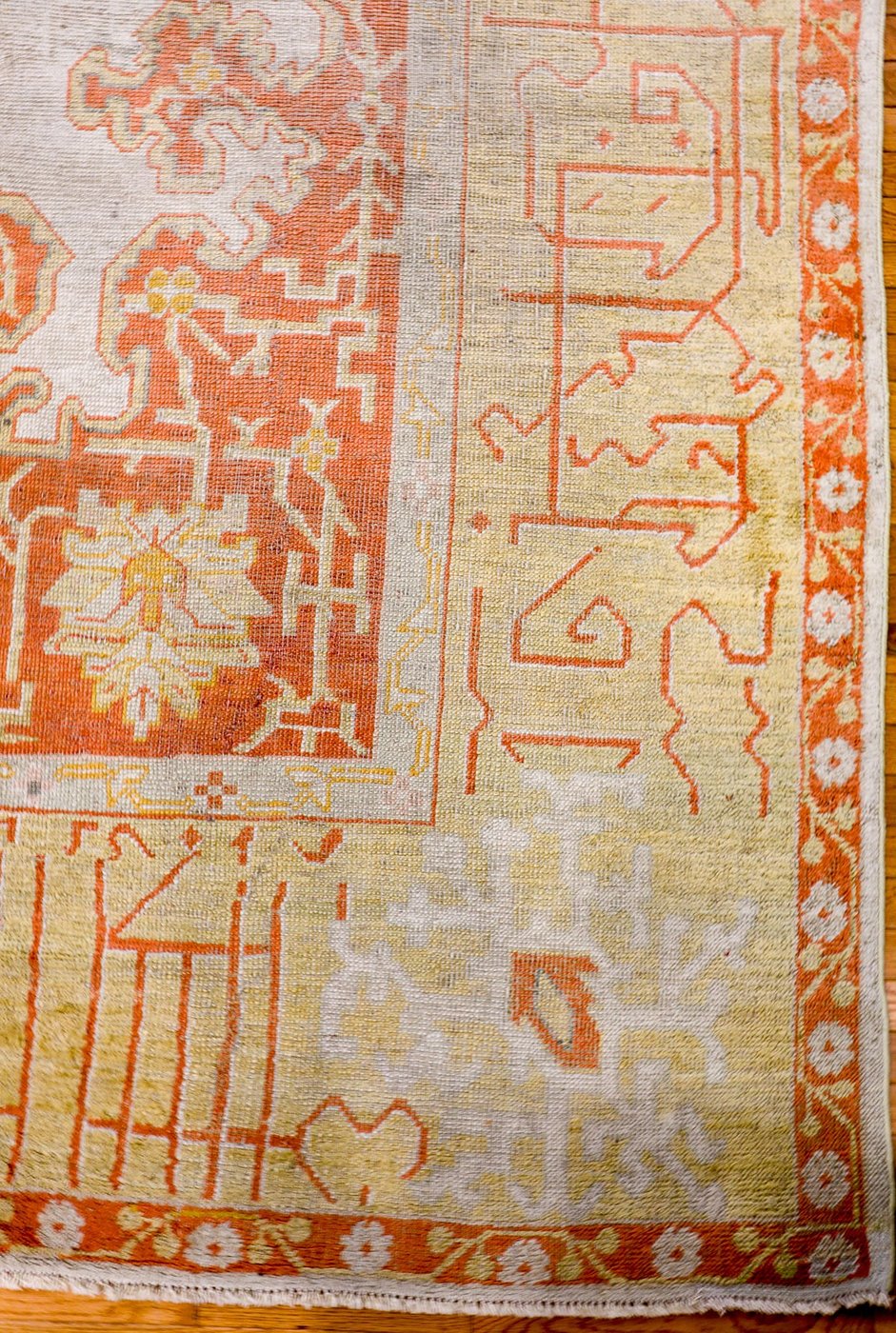 11′ x 15′ Luminous Ivory and Saffron Gold Hand-Knotted Antique Western Anatolian Oushak Carpet – Calligraphic Pseudo-Kufic Border