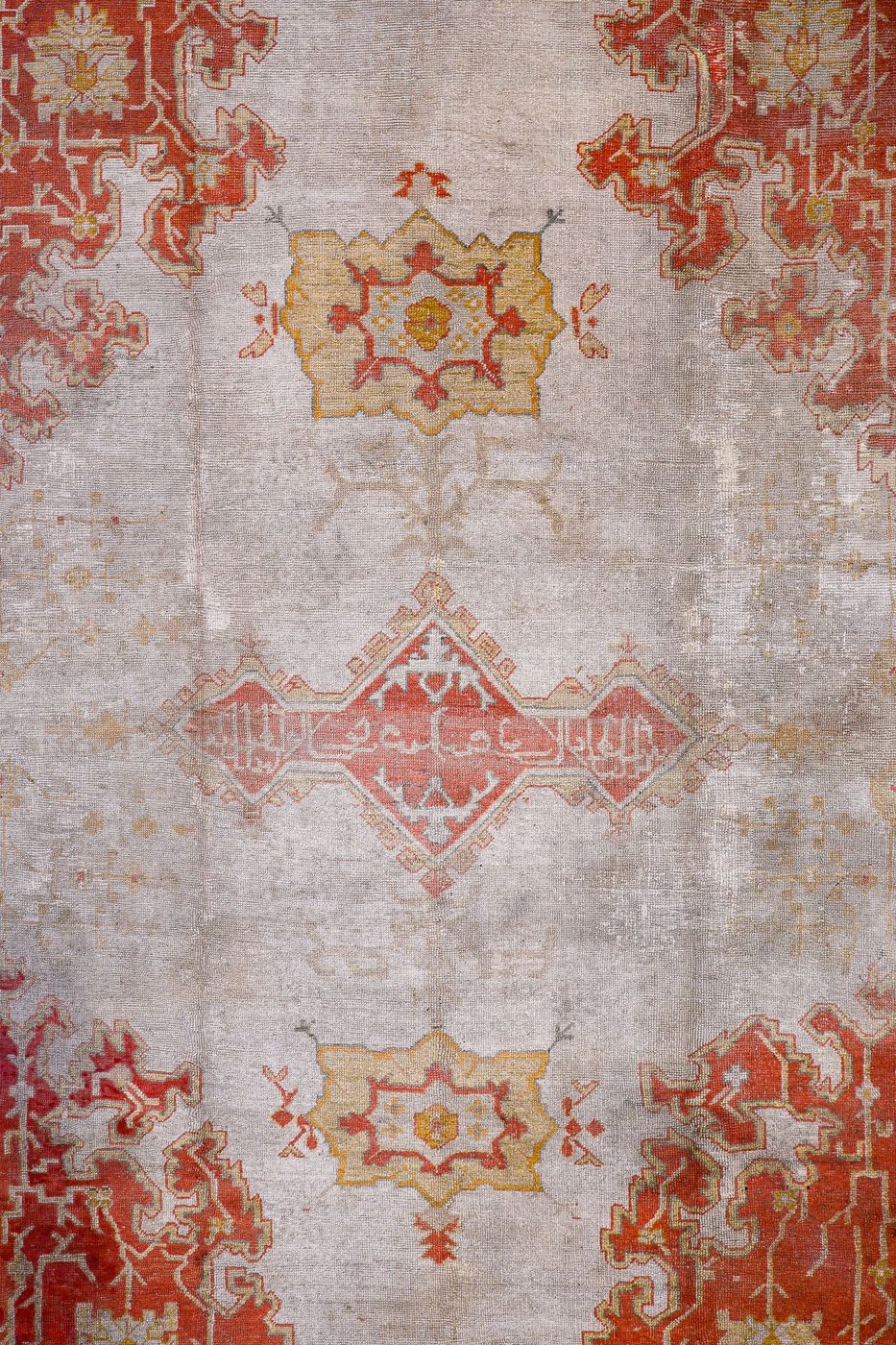 11′ x 15′ Luminous Ivory and Saffron Gold Hand-Knotted Antique Western Anatolian Oushak Carpet – Calligraphic Pseudo-Kufic Border