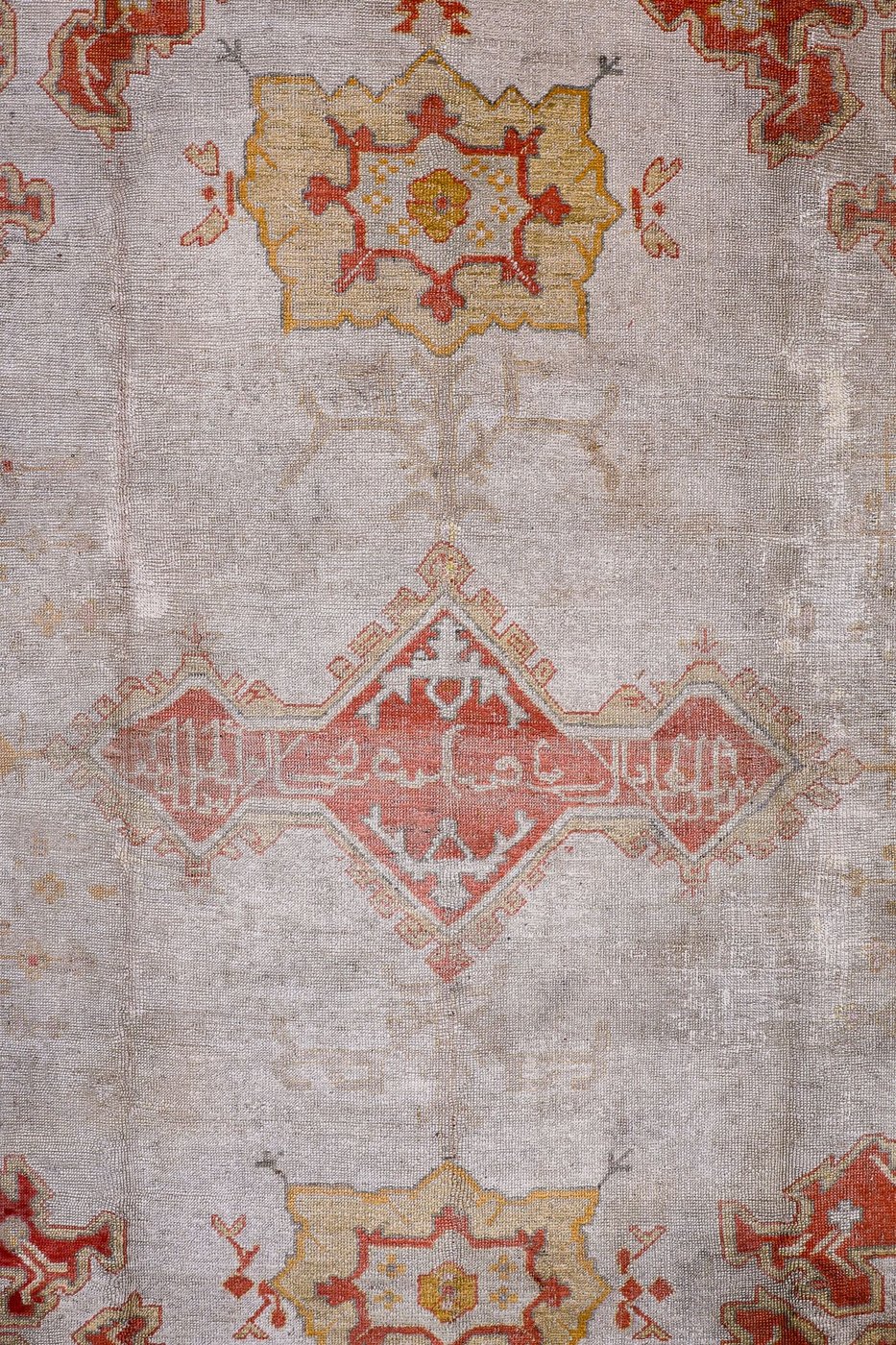 11′ x 15′ Luminous Ivory and Saffron Gold Hand-Knotted Antique Western Anatolian Oushak Carpet – Calligraphic Pseudo-Kufic Border