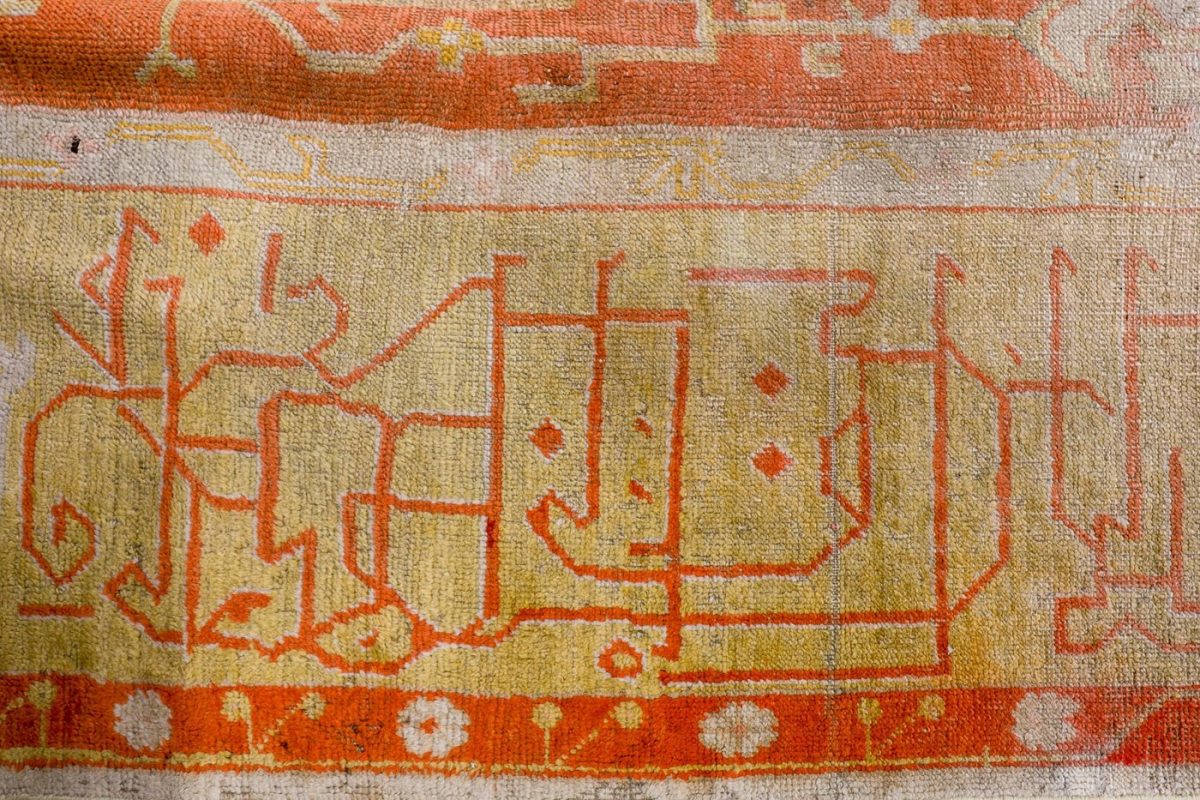 11′ x 15′ Luminous Ivory and Saffron Gold Hand-Knotted Antique Western Anatolian Oushak Carpet – Calligraphic Pseudo-Kufic Border