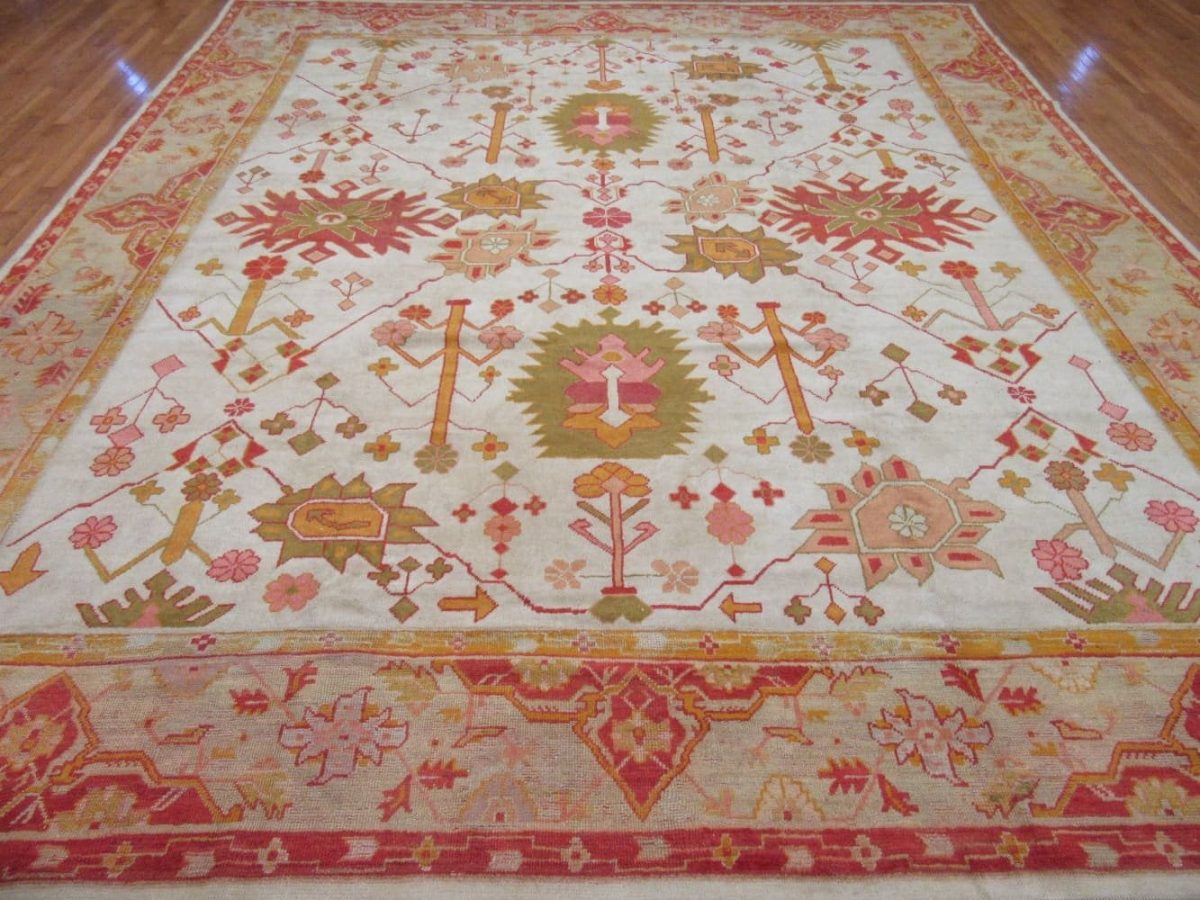 12′ x 14′ Ivory Fine Hand-Knotted Semi Antique Turkish Oushak Rug – Traditional Wool