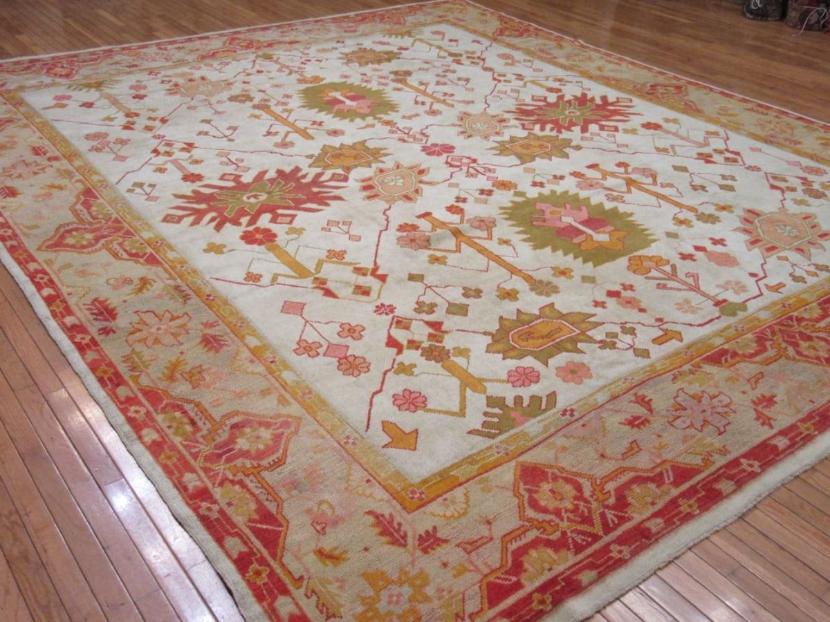 12′ x 14′ Ivory Fine Hand-Knotted Semi Antique Turkish Oushak Rug – Traditional Wool