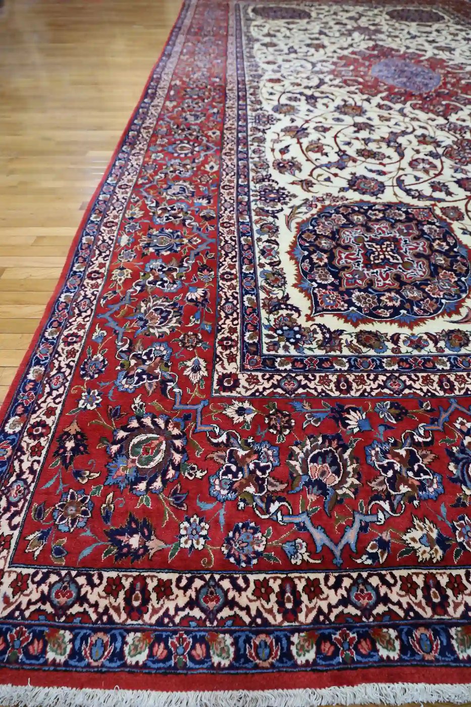 12′ x 20′ Ivory Fine Hand-Knotted Semi Antique Persian Isfahan Rug – Traditional Wool