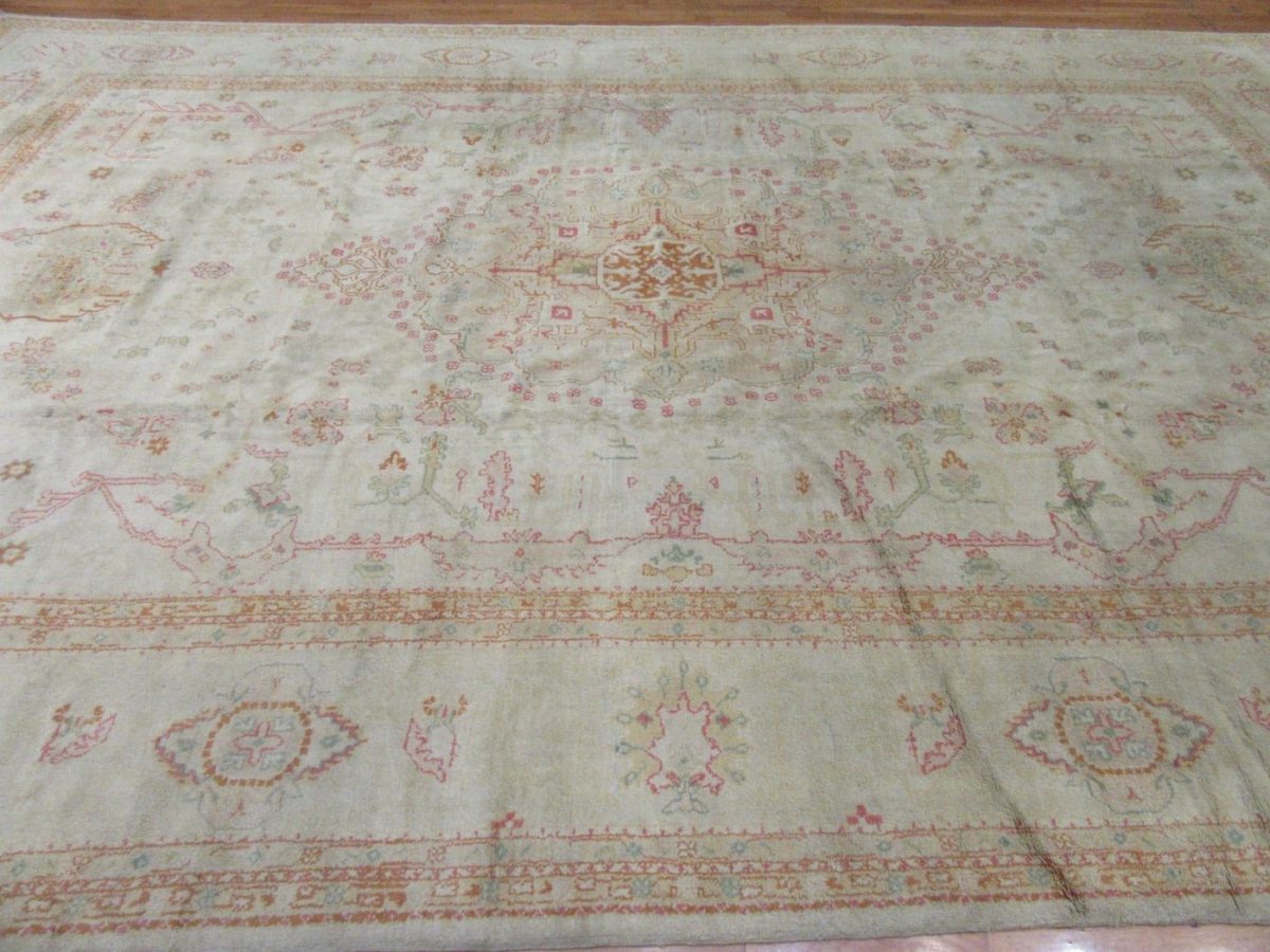 11′ x 18′ Pale Beige Fine Hand-Knotted Turkish Semi Antique Oushak Rug – Transitional Wool