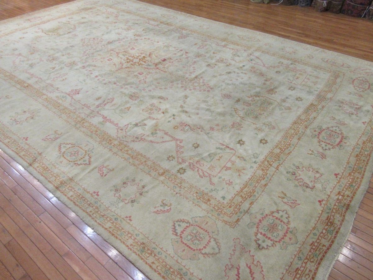 11′ x 18′ Pale Beige Fine Hand-Knotted Turkish Semi Antique Oushak Rug – Transitional Wool