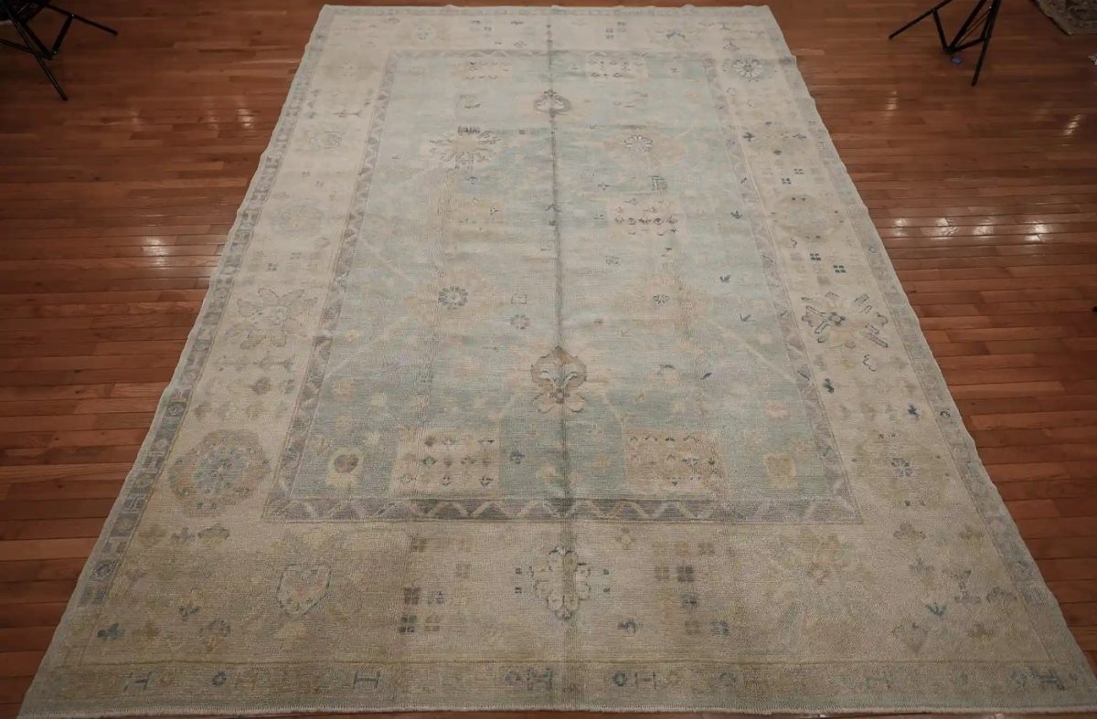 9′ x 12′ Pale Blue Fine Hand-Knotted Turkish Oushak Rug – Transitional Wool