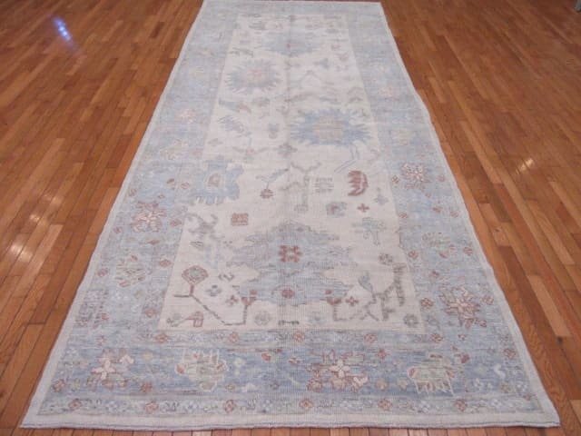 5′ x 12′ Pale Blue Fine Hand-Knotted Turkish Oushak Rug – Transitional Wool