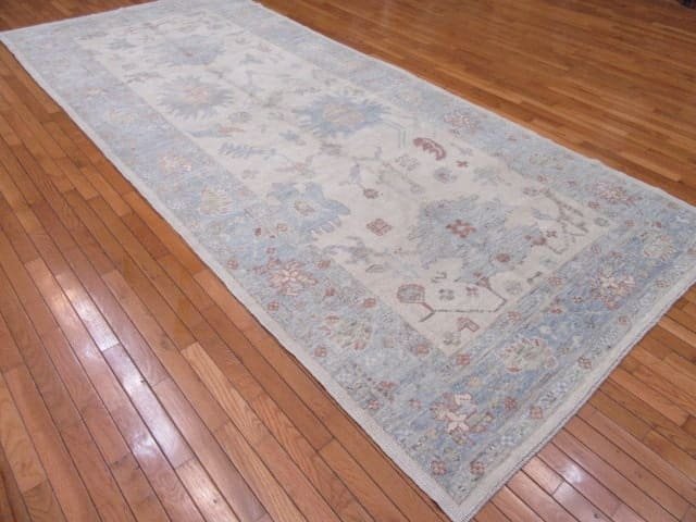 5′ x 12′ Pale Blue Fine Hand-Knotted Turkish Oushak Rug – Transitional Wool