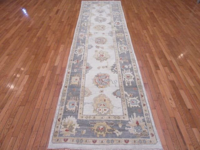4′ x 13′ Pale Blue Fine Hand-Knotted Turkish Oushak Runner – Transitional Wool