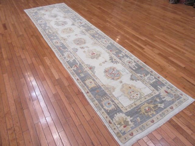 4′ x 13′ Pale Blue Fine Hand-Knotted Turkish Oushak Runner – Transitional Wool