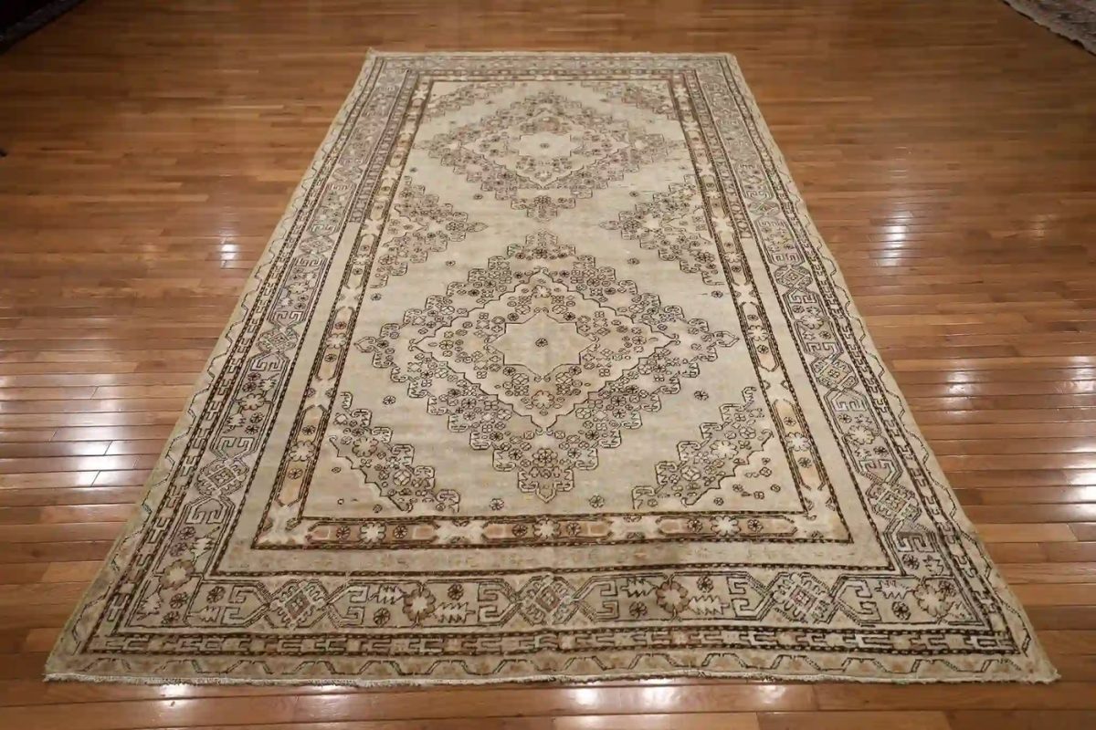 6′ x 13′ Beige Fine Hand-Knotted Central Asian Khotan Rug – Vintage Tribal Wool