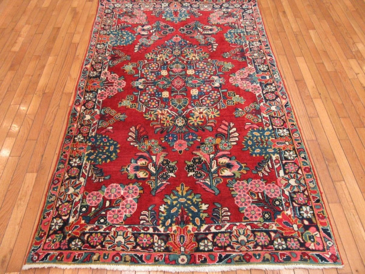 4′ x 7′ Red Fine Hand-Knotted Persian Vintage Sarouk Rug – Traditional Wool
