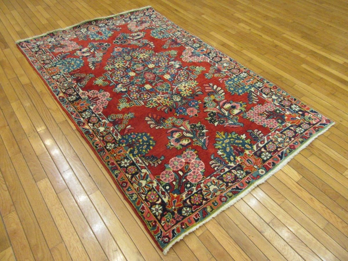4′ x 7′ Red Fine Hand-Knotted Persian Vintage Sarouk Rug – Traditional Wool