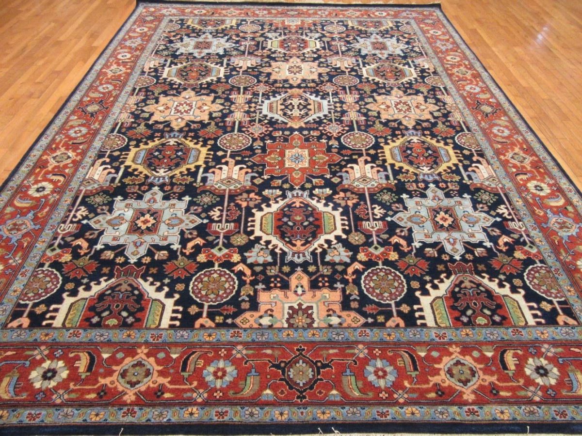 9′ x 12′ Navy Fine Hand-Knotted Indian Karajah Design Rug – Traditional Wool