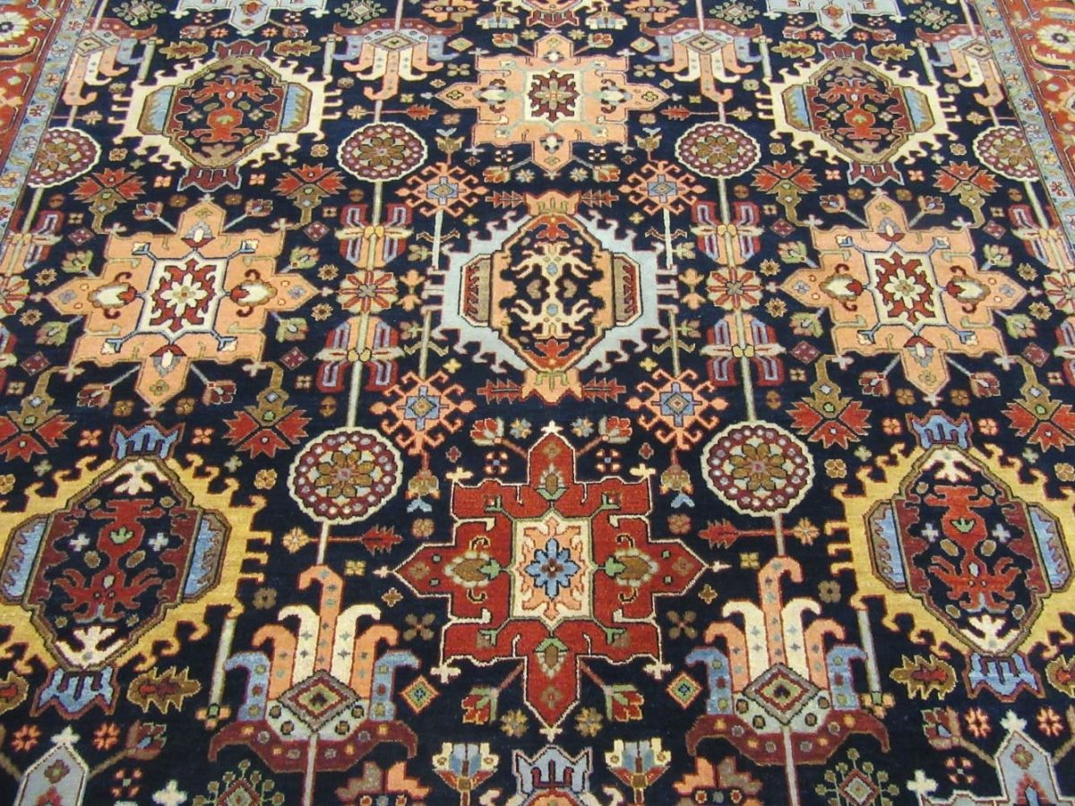 9′ x 12′ Navy Fine Hand-Knotted Indian Karajah Design Rug – Traditional Wool