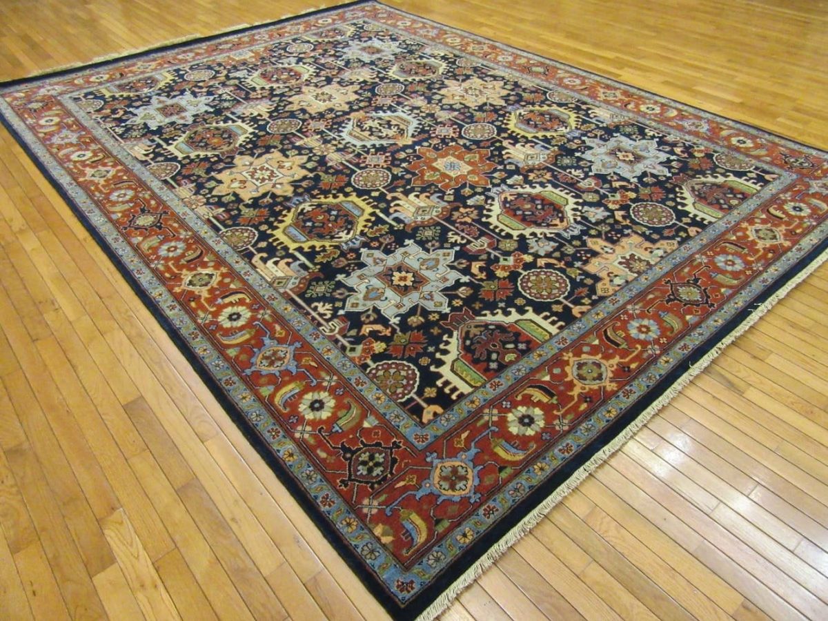 9′ x 12′ Navy Fine Hand-Knotted Indian Karajah Design Rug – Traditional Wool