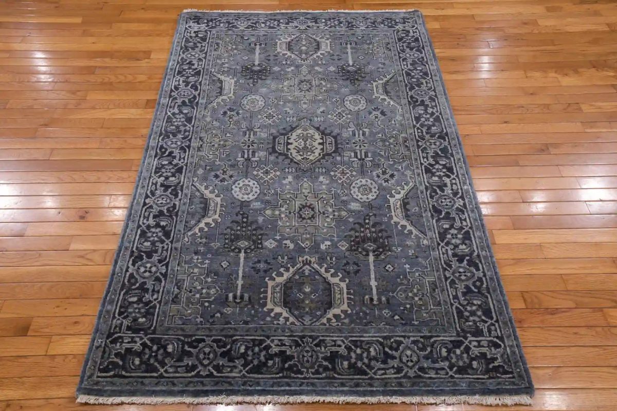 4′ x 6′ Slate Blue Fine Hand-Knotted Indian Karajeh Rug – Traditional Wool - 1 4′ x 6′ Slate Blue Fine Hand-Knotted Indian Karajeh Rug – Traditional Wool
