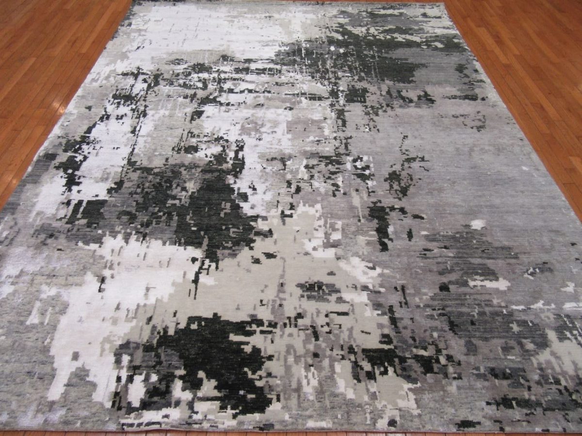 8′ x 10′ Grey Fine Hand-Knotted Indian Modern Design Rug – Contemporary Wool