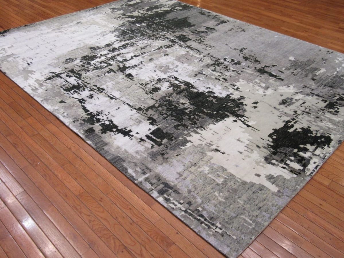 8′ x 10′ Grey Fine Hand-Knotted Indian Modern Design Rug – Contemporary Wool