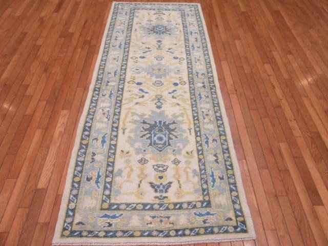 3′ x 8′ Light Blue Fine Hand-Knotted Turkish Oushak Runner Rug – Transitional Wool